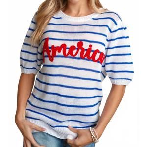 Striped Blue and White Blouse with Red Accent